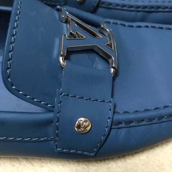 Louis Vuitton Blue Leather Loafers with Jeweled LV Emblem Size 11.5 - Picture 2 of 7